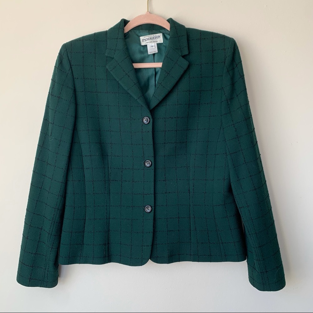 Pendleton Vintage Wool Blend Blazer Green Grid Pattern Size 10 Business Career